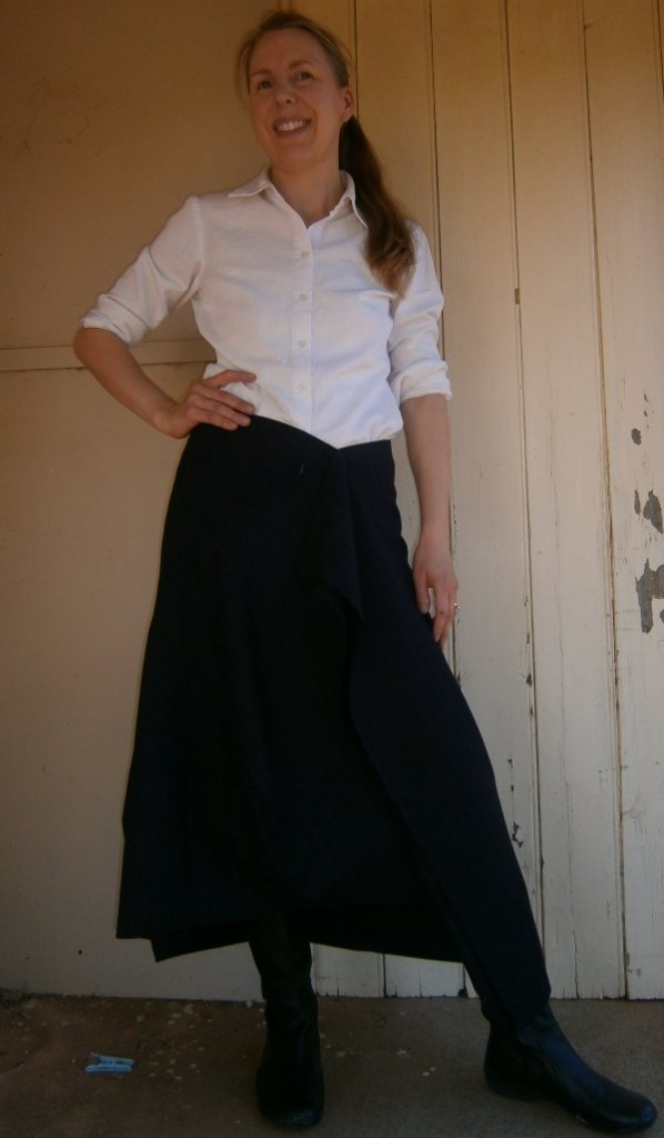 Liz Haywood modeling finished mystery skirt