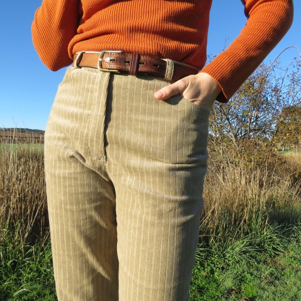 Hello New taupe corduroy trousers closeup of front 2