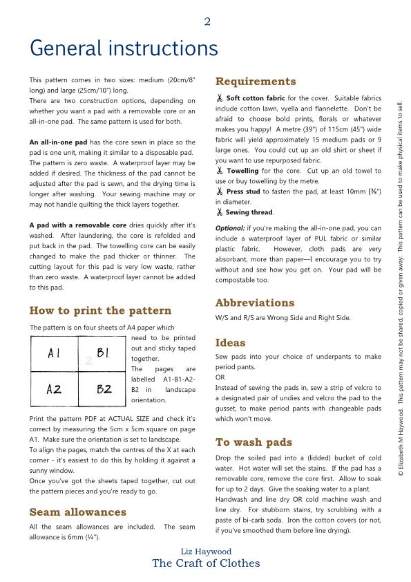 First page of instructions for cloth menstrual pads