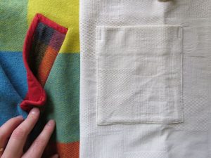 Welt pocket and patch pocket on Zero Waste bathrobe and coat
