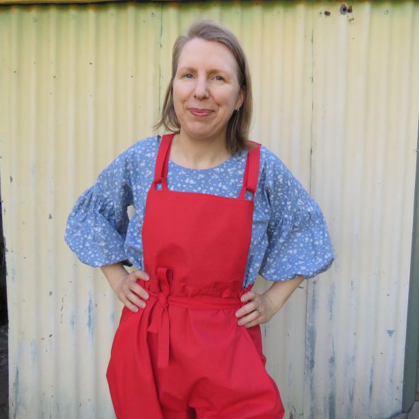 Simone overalls worn with Cendre top