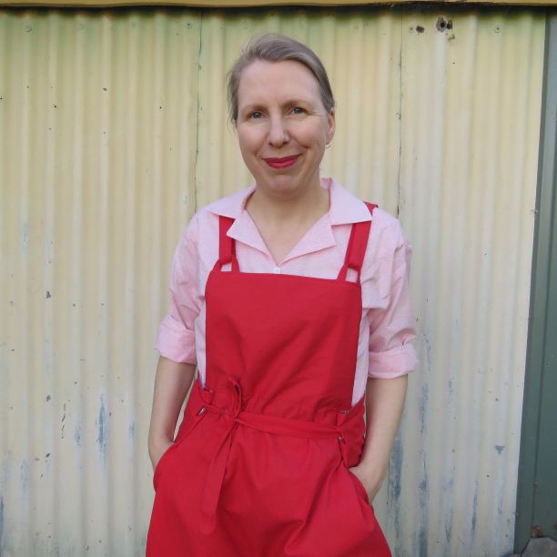 Overalls worn with pink Sandie shirt