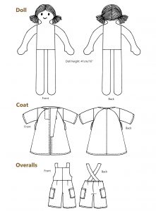 Diagrams for zero waste cloth doll and coat and overalls