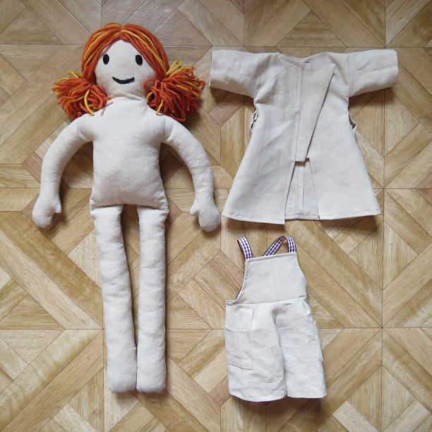 Zero waste doll with coat and overalls