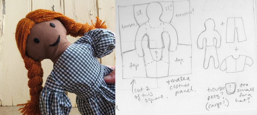 Zero waste cloth doll, and the original sketch.