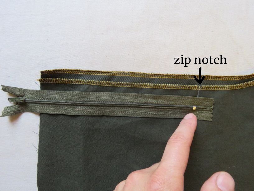 Checking the zip notch on a fly front pattern.