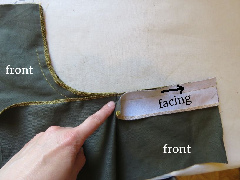 Sewing the facing on a fly front.