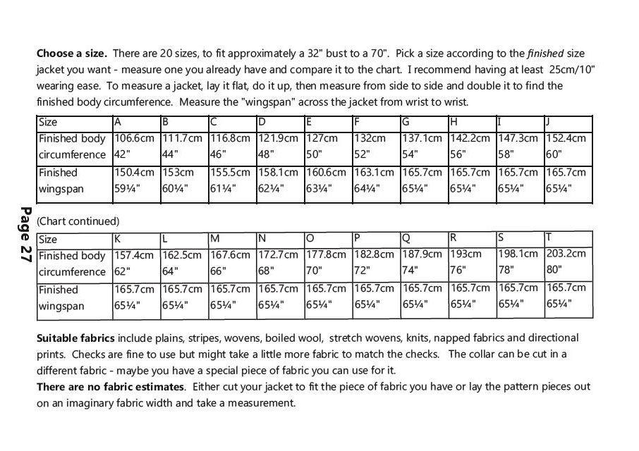 Modular jacket size chart