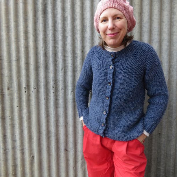 Me Made May 2022 Day 25 Red Simone overalls with me-knitted cardi and hat.