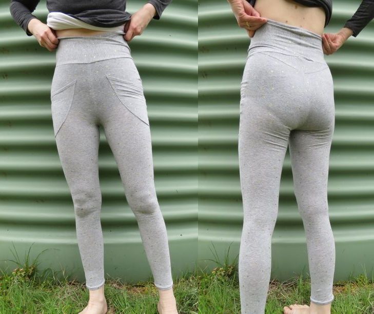 Zero waste leggings, back and front views, worn by Liz Haywood.