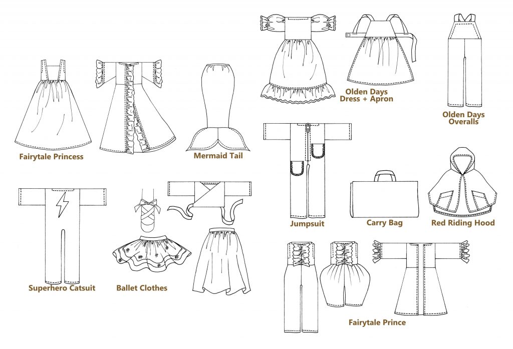 Zero waste cloth doll clothes patterns as sketches