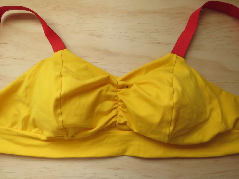 Yellow zero waste bra after first fitting.