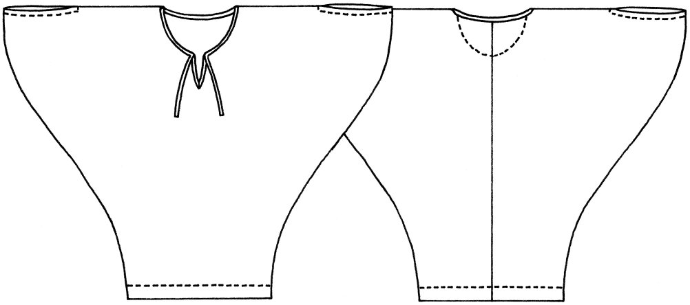 Drawing of the boho dress from the Zero Waste Sewing book, showing the armholes in extended shoulder seams.